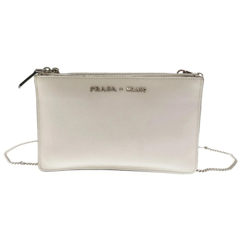 Prada White Leather Logo Pochette Chain Shoulder Crossbody Bag 1Dh016 Pre-Owned