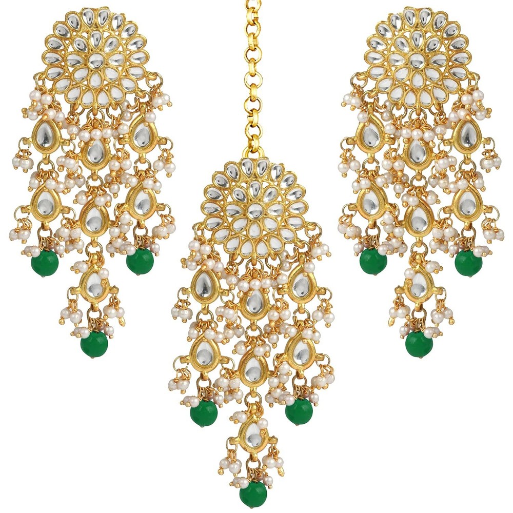 Aheli Kundan Beaded Chandelier Drop Earrings Maang Tikka Indian Jewelry Set