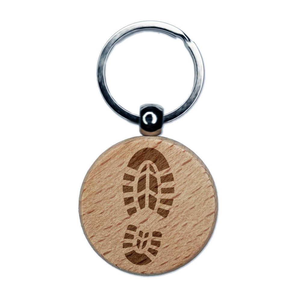 Shoe Print Boot Engraved Wood Round Keychain Tag Charm
