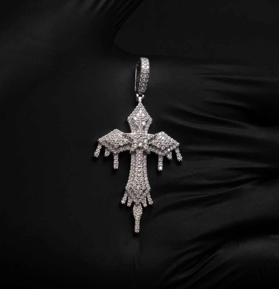 2.10Ct Round Cut Real Moissanite Drip Cross Men's Pendant 14K White Gold Plated
