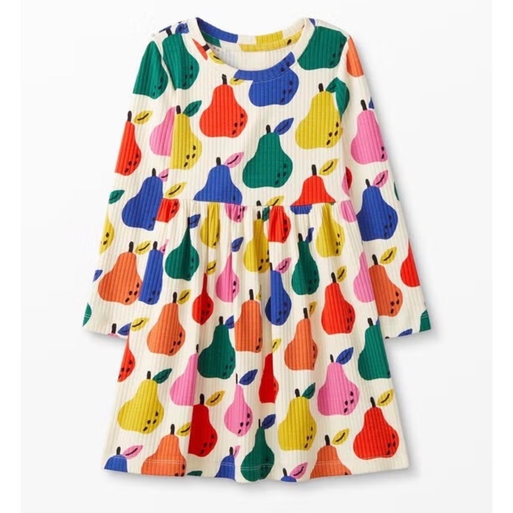 Hanna Andersson Girls Ribbed Colorful Pears Print Long Sleeve Dress Size 12