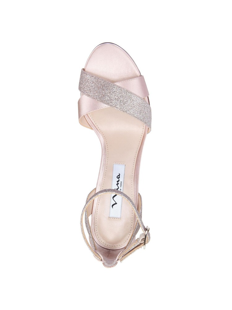 NINA Womens Beige Satin Glitter Venus Open Toe Stiletto Buckle Sandals 10 M