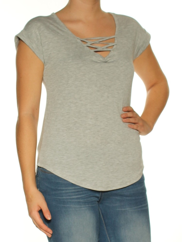CRAVE FAME Womens Gray Cap Sleeve V Neck Top Size: S