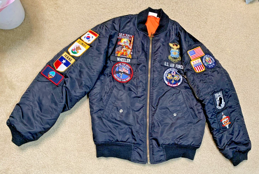 US Air Force Nylon Bomber Jacket MyForce Size L Korea Guam Texas Illinois