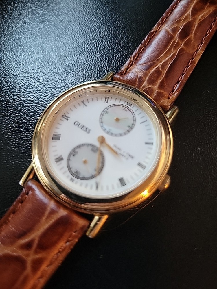 Guess Watch Mens Gold Tone Brown Leather Band 28.5mm New Battery+Band Roman Nume