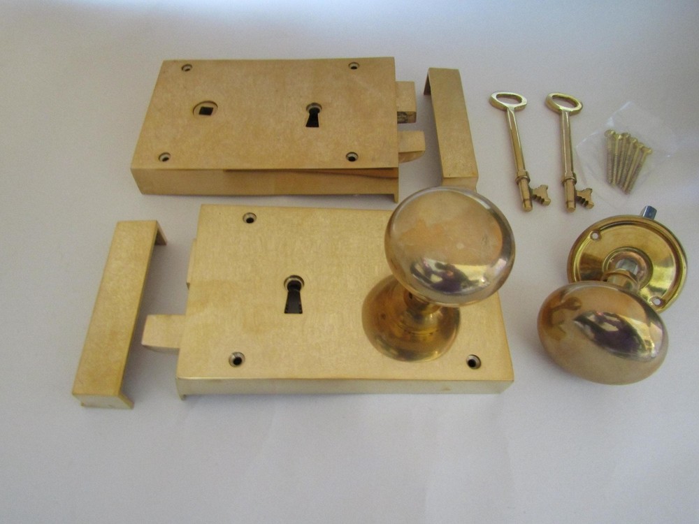 Rustic brass Rim lock knob set  door pull handle UNLACQUERED Polished brass