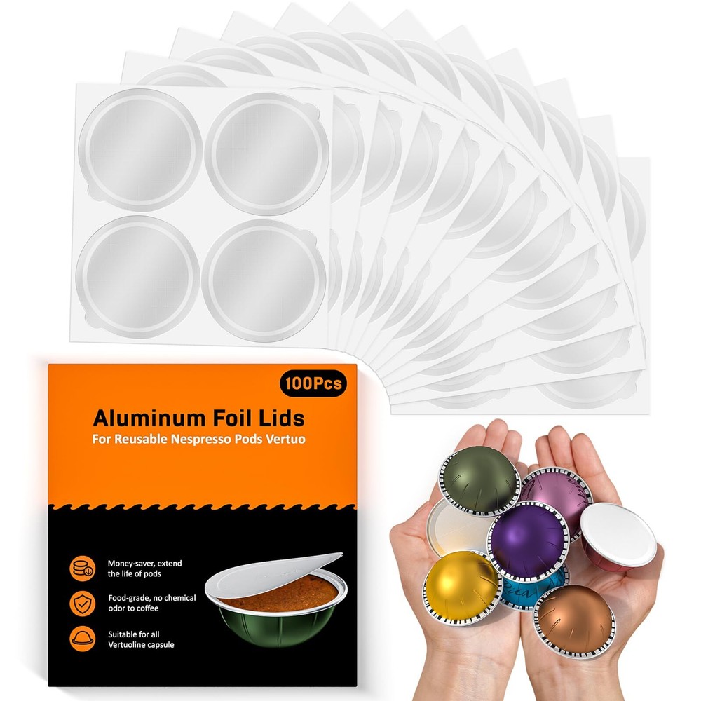 Reusable Aluminum Foil Lids for Nespresso Vertuo Pods, 100-Pack Seal Covers