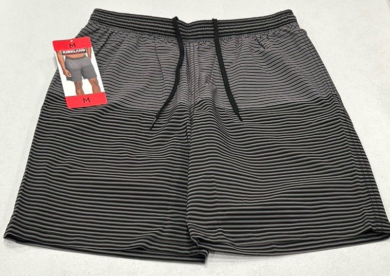 Kirkland Signature Men's Stretch Swim Shorts, Grey/Black Stripes, Size M