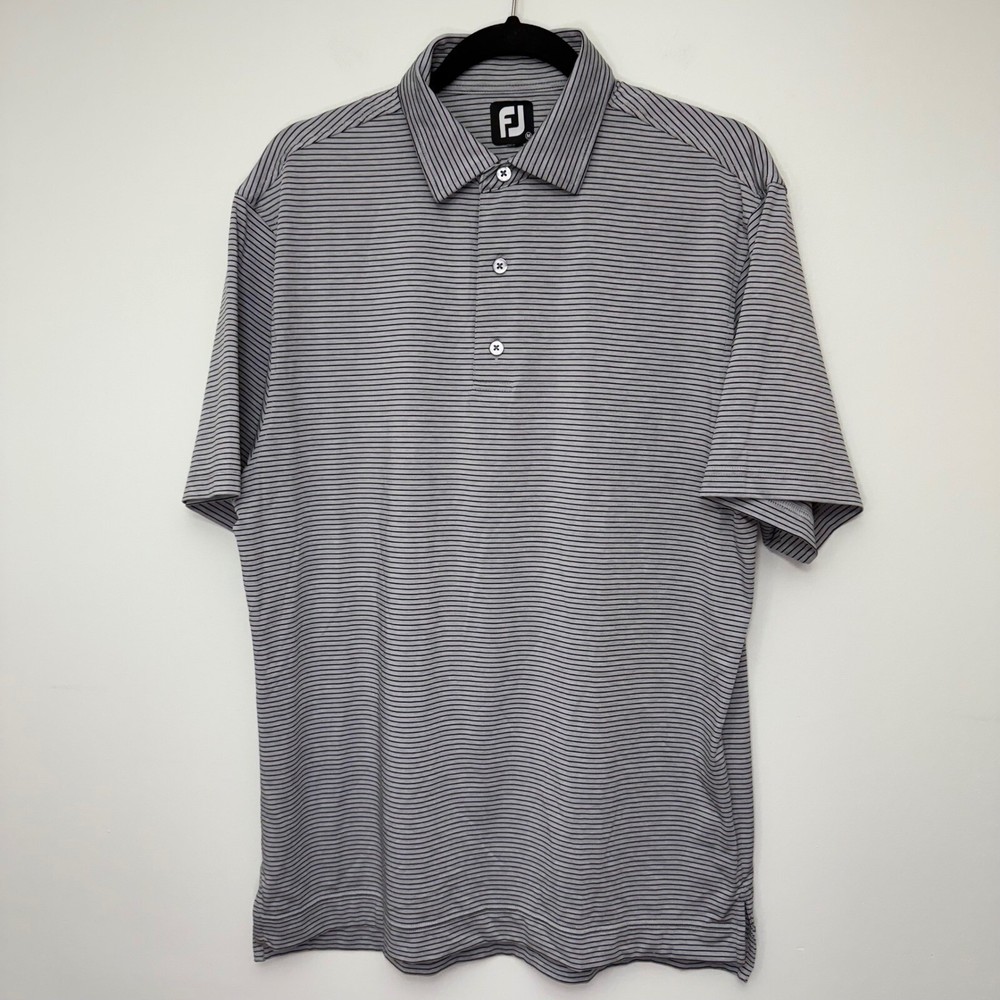 FootJoy Men's Golf Polo Shirt Gray Black Striped Performance Athletic FJ Logo M