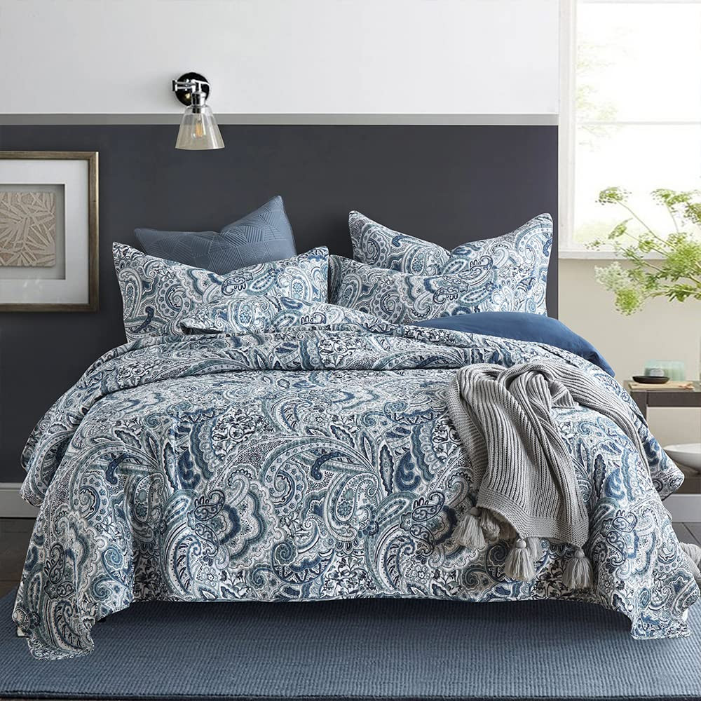 Cotton Bedspread Quilt Sets, 3 Pieces Reversible Comforter Coverlet Sets,Blue...