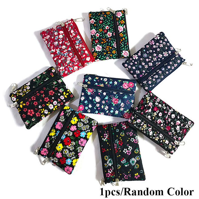 Floral Fabric Card Holder with Double Zipper for Keys & Coins