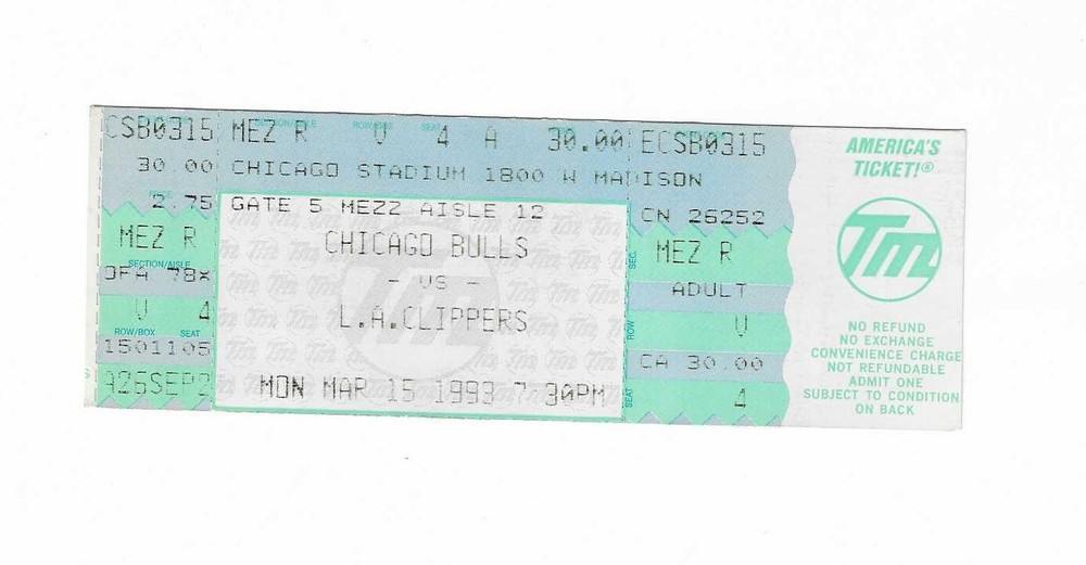 Chicago Bulls vs Los Angeles Clippers Unused Basketball Ticket from 3/15/1993