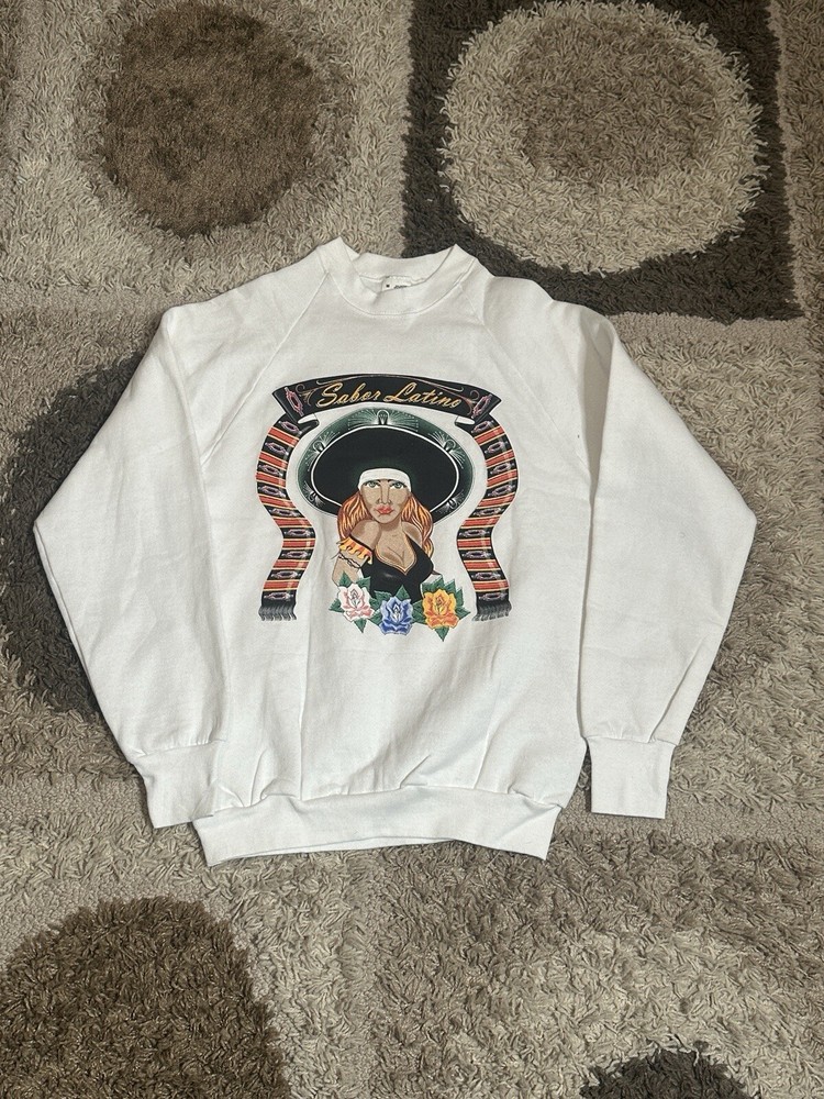 VINTAGE Fruit of the Loom Sweatshirt Adult Medium Sabor Latino White Crewneck