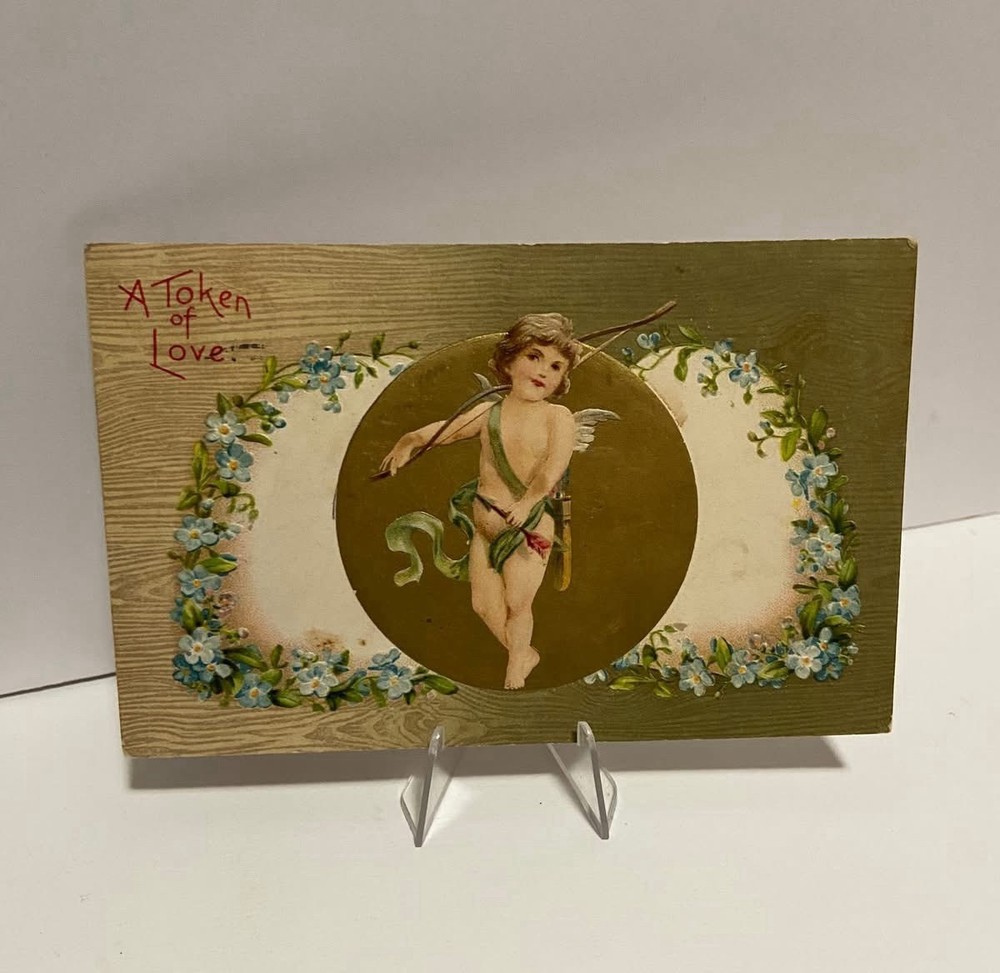 Winsch Art Nouveau Valentine Cupid with Bow Forget-Me-Nots Postcard