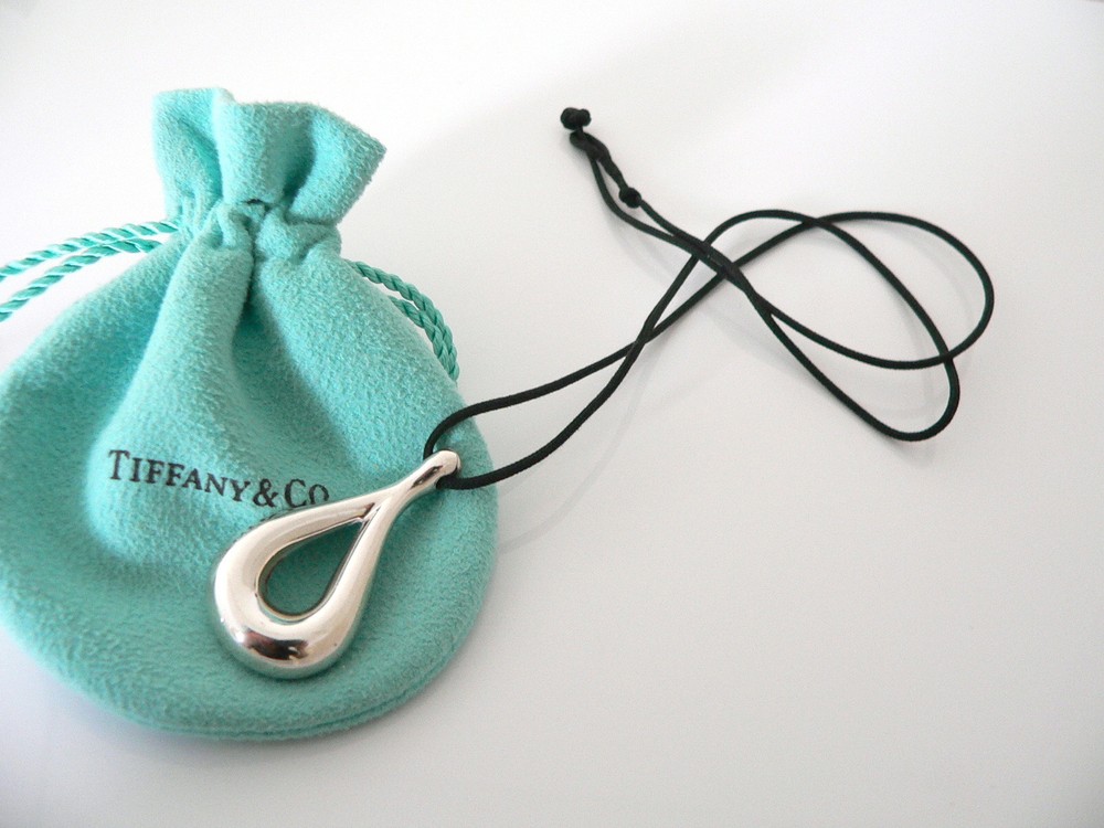 Tiffany Large Teardrop Necklace Tear Charm Pendant Black Cord Love Silver Gift
