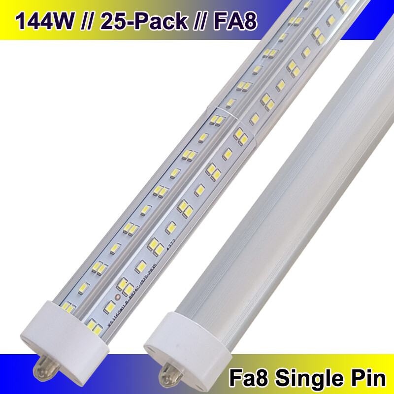 25 Pack 8FOOT 144W LED Tube Light FA8 Single Pin 8FT T8 Shop Light Bulb 6500K