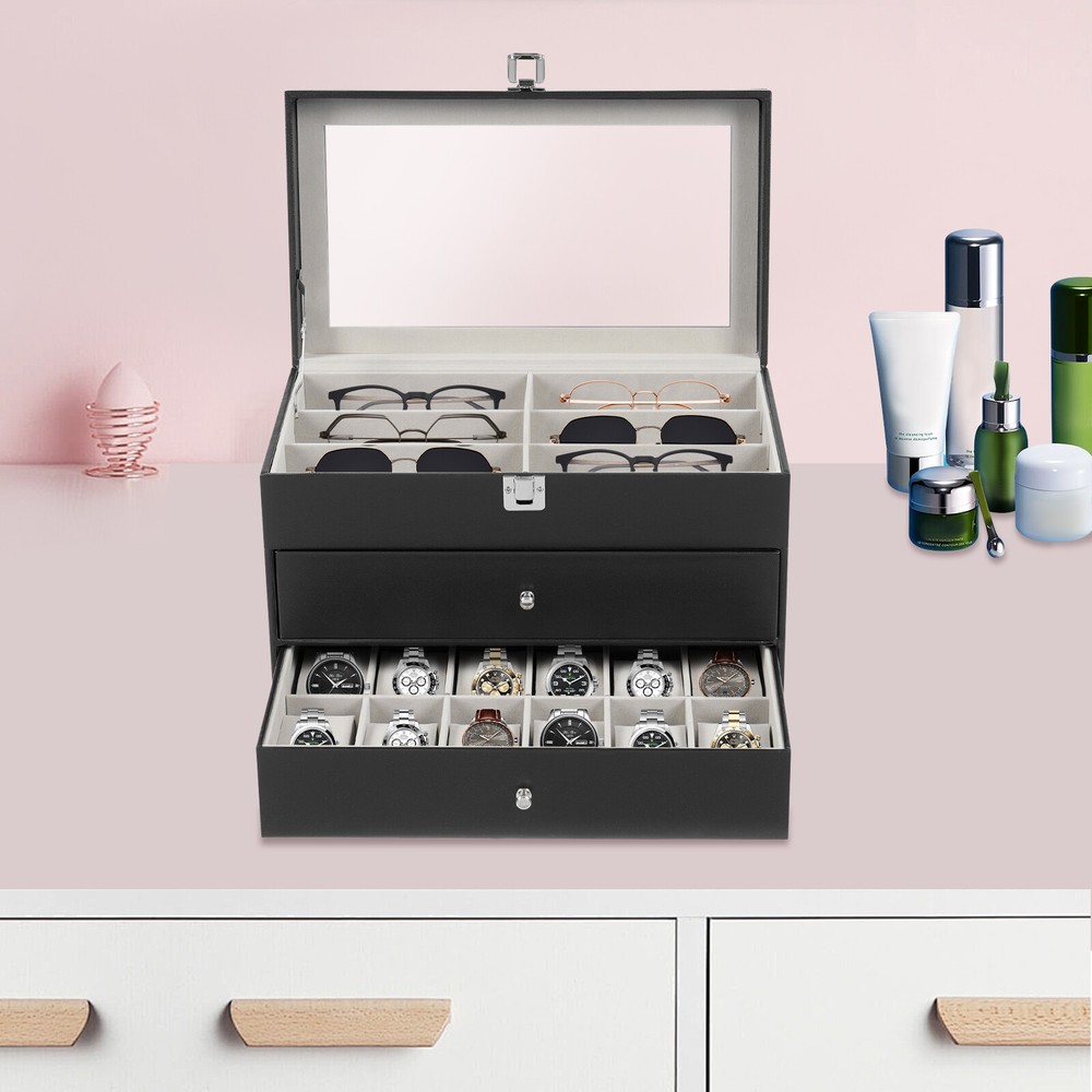 Sunglasses Case Jewelry Box with 12 Eyeglasses Storage and Watch Holder