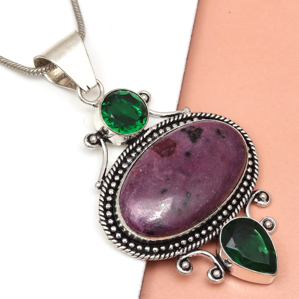 Ruby Zoisite Emerald Gemstone Silver Pendant for Mother's Day 2.75 Inch