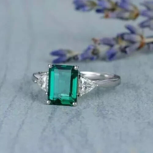 3.15 Ct Emerald Cut Natural Emerald Diamond Engagement Ring 14K White Gold Solid