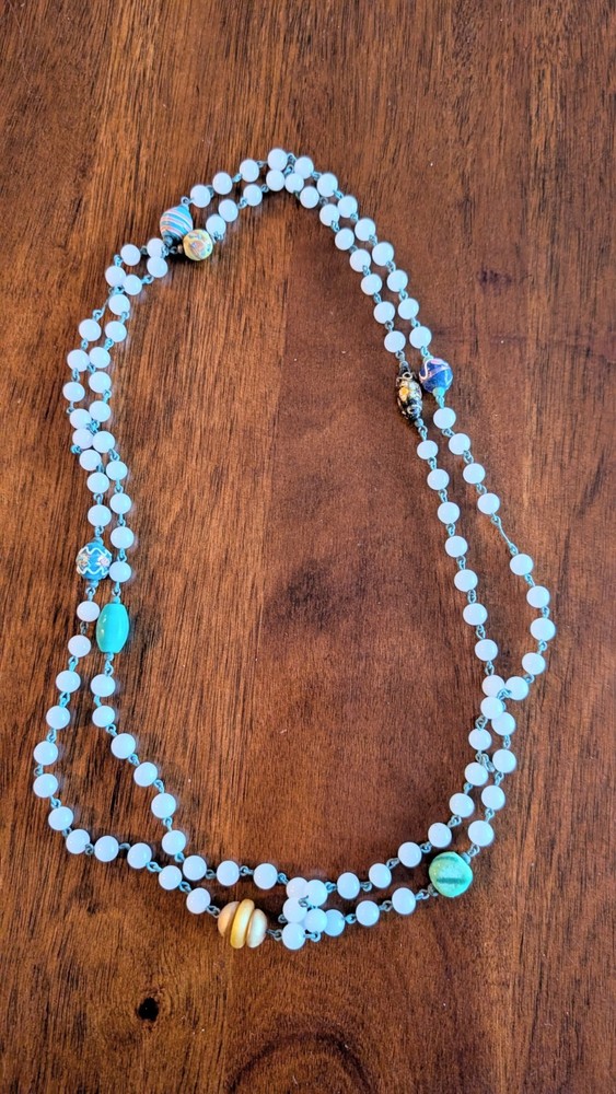 VTG Glass Beaded Necklace Flapper Style White & Multicolor Beads 43