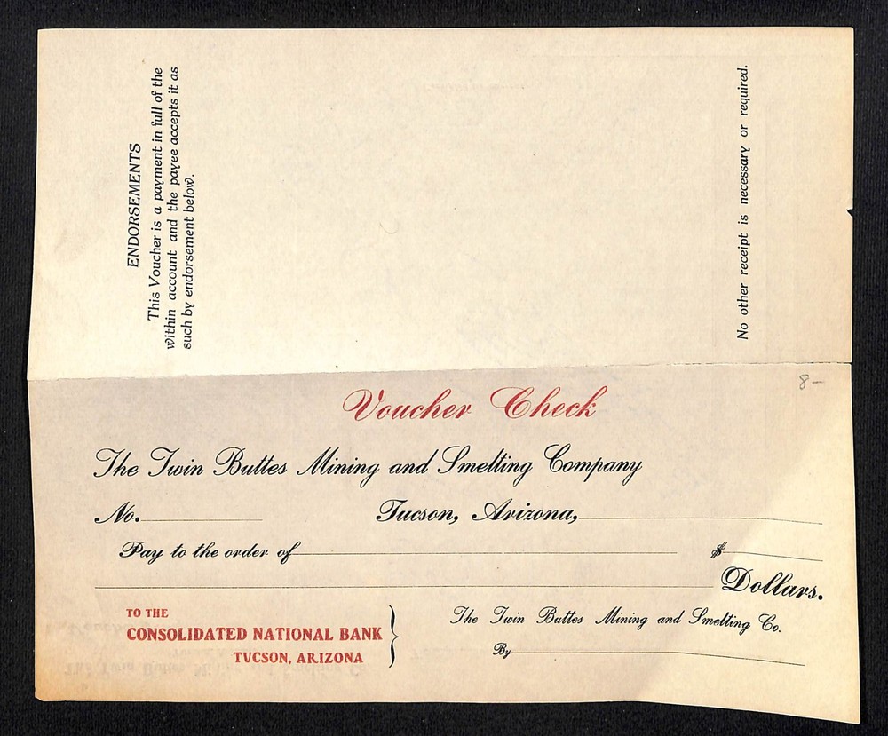 c1906-09 Twin Buttes Mining and Smelting Co Tucson, AZ Voucher Check & Register-image