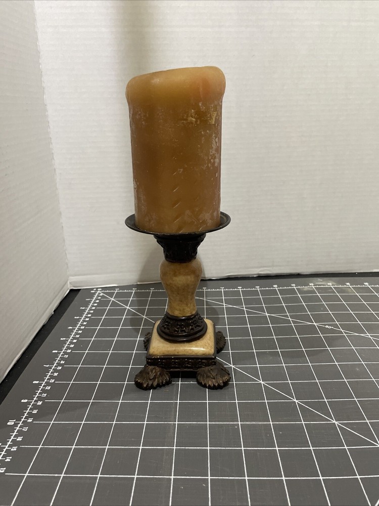 Candle Holder Pillar Gothic Vintage Small W/ CANDLE Faux Aged Marble
