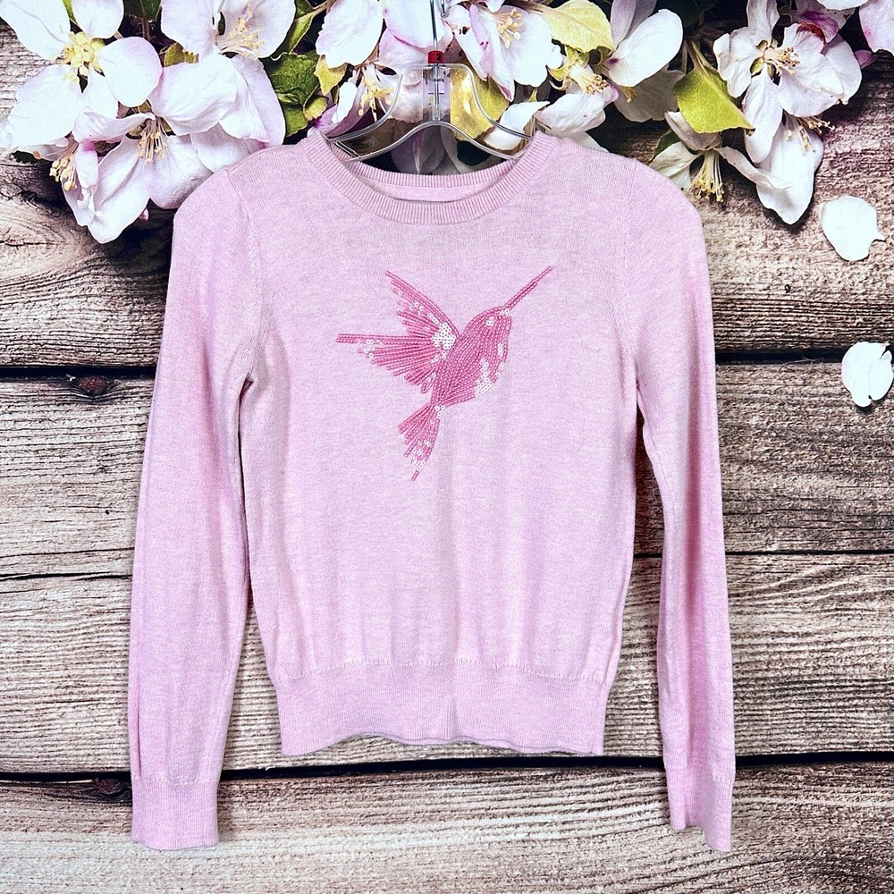 Gap Girl’s Pink Sparkle Bird Crewneck Pullover Sweater Size 12Y