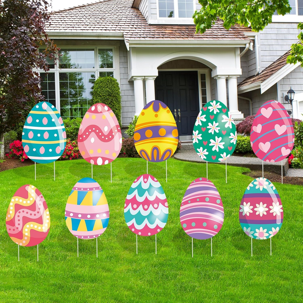 10 Pcs Easter Yard Signs Stakes Easter Decorations Outdoor Waterproof Yard Decor
