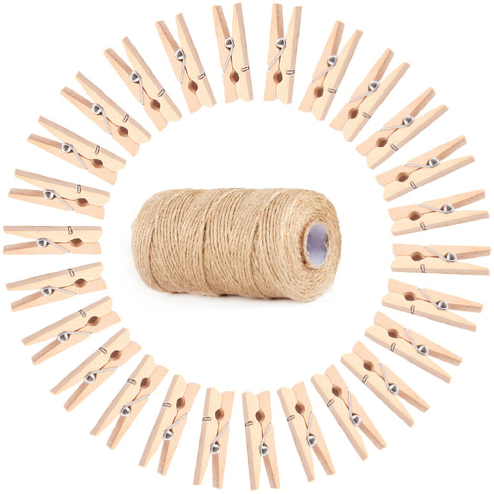100Pcs Mini Wooden Clothespins Pegs Photo Clips with Jute Twine for Crafts