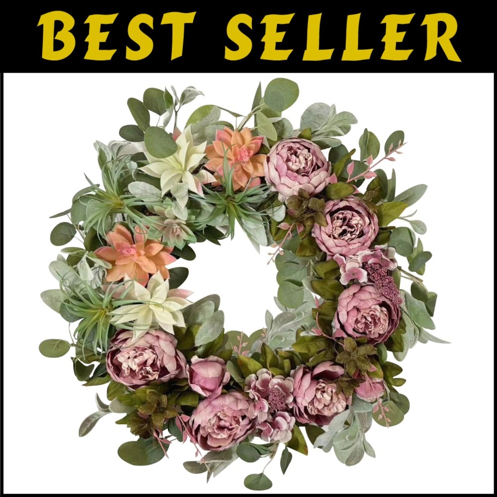Elegant 24-Inch Peony and Succulent Wreath for Indoor Outdoor Use