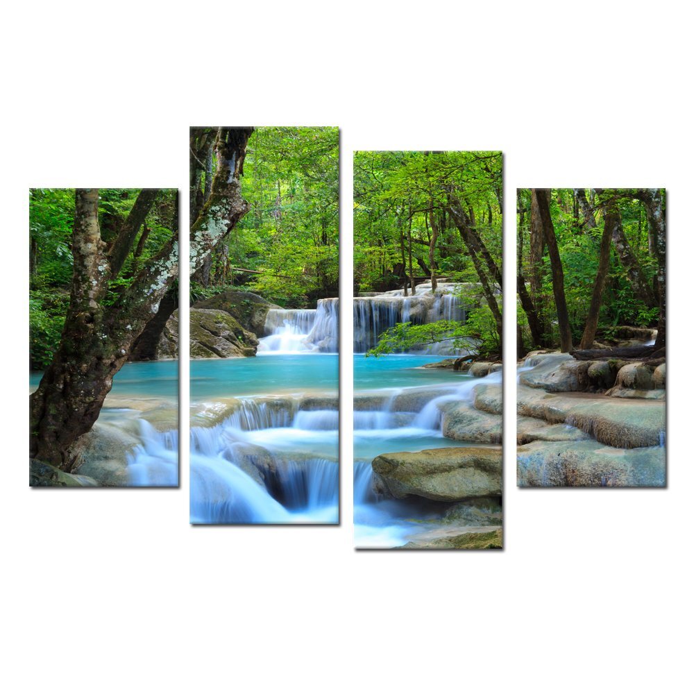 iKNOW FOTO 4 Pieces Canvas Prints Dreamlike Waterfall Wall Art Forest Landsca...