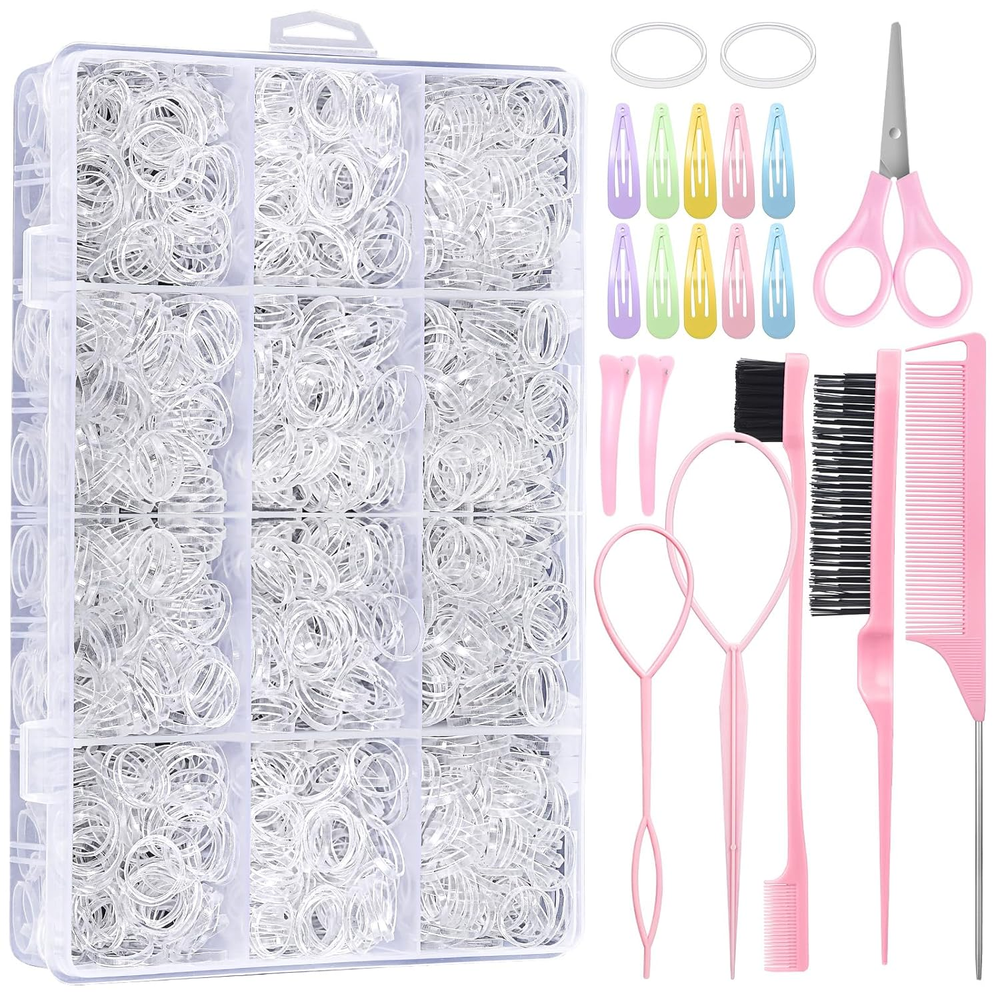 2200 Pcs Clear Hair Ties with Loop Styling Tool & Cutter for Elastic Hair Bands