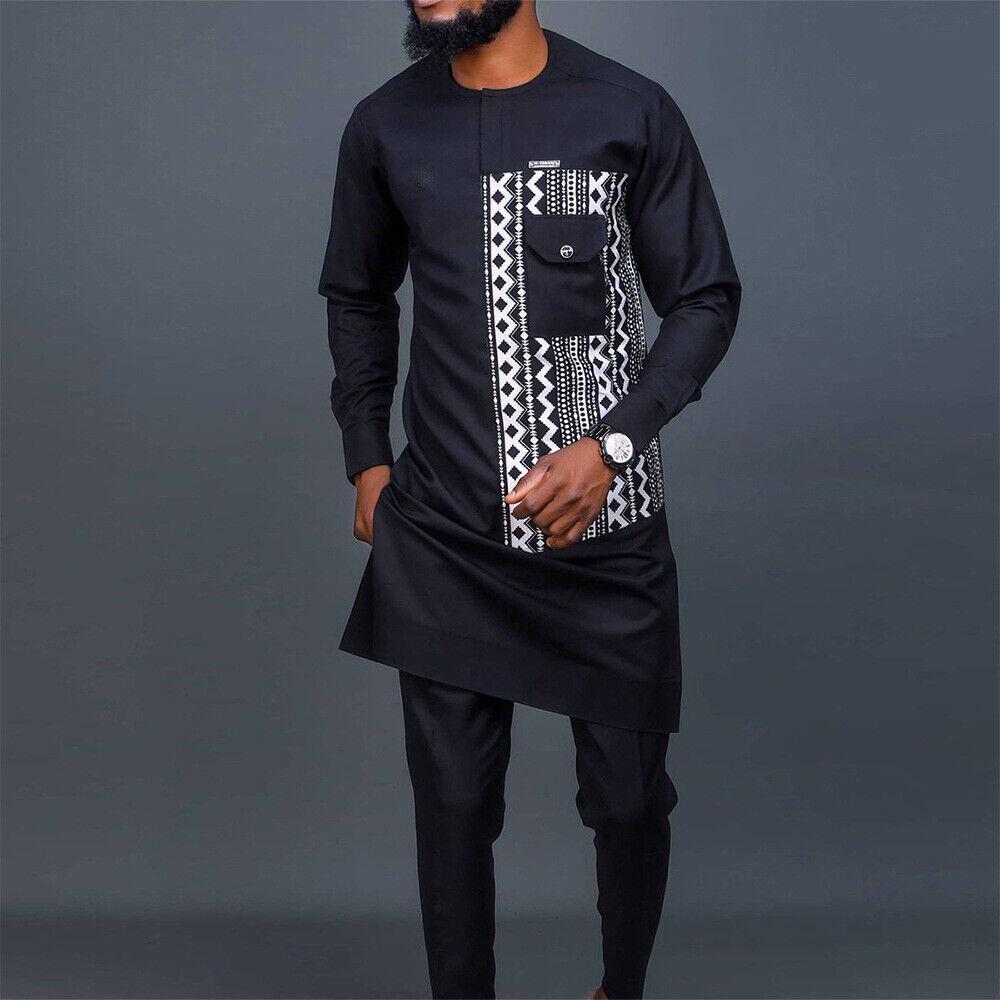 Men's National Muslim Outfit Set Middle East Long Sleeves Pants Loose Robe Suit