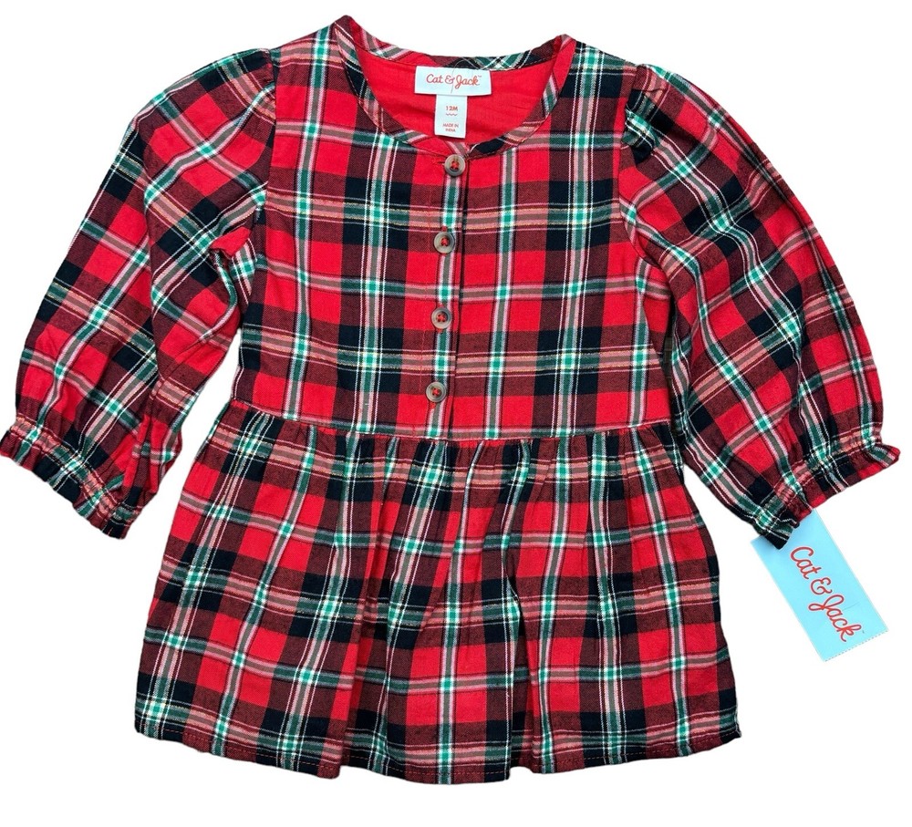 Cat & Jack Toddler Girls Size 12M Red Green Black Plaid Long Sleeve Dress NWT