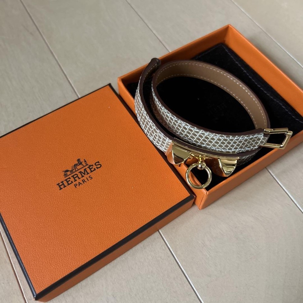 Rare HERMES Rivale Double Tour Lizard Bangle Bracelet Pink Gold Hardware Size S