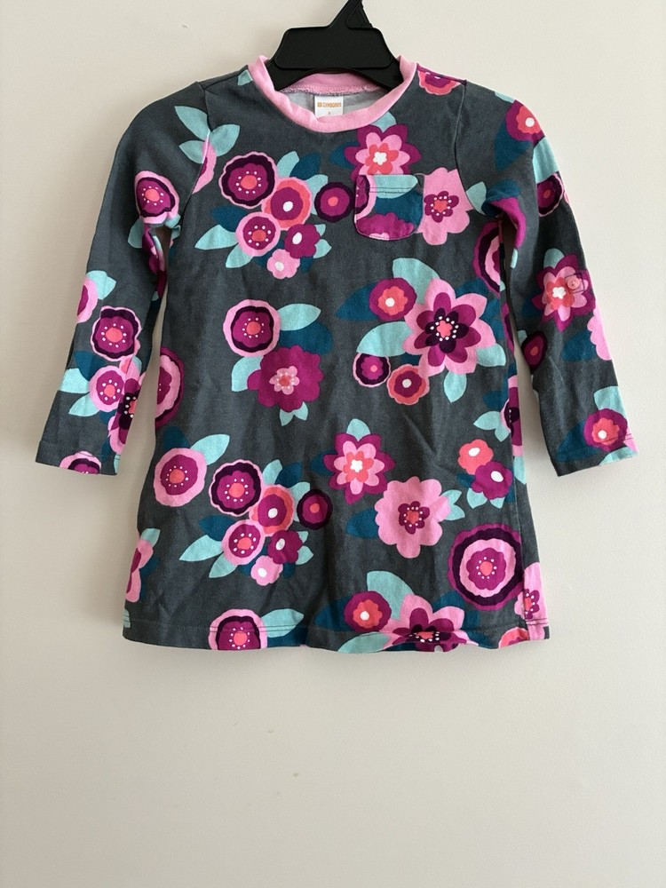 Gymboree Kids Girls Colorful Floral Cotton Roll-Tab Sleeve Pocket Dress Gray 5