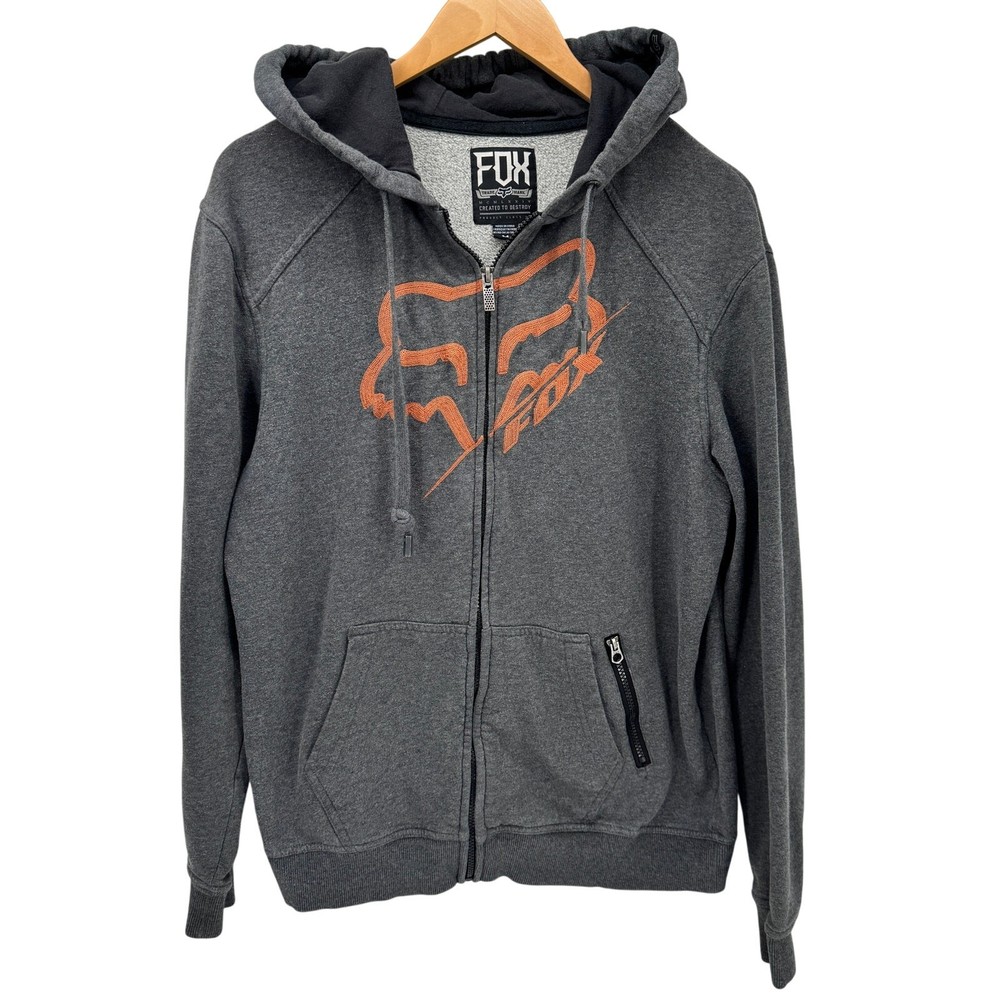 Fox Racing Hoodie Mens Medium Gray Orange Embroidered Full Zip +Pockets