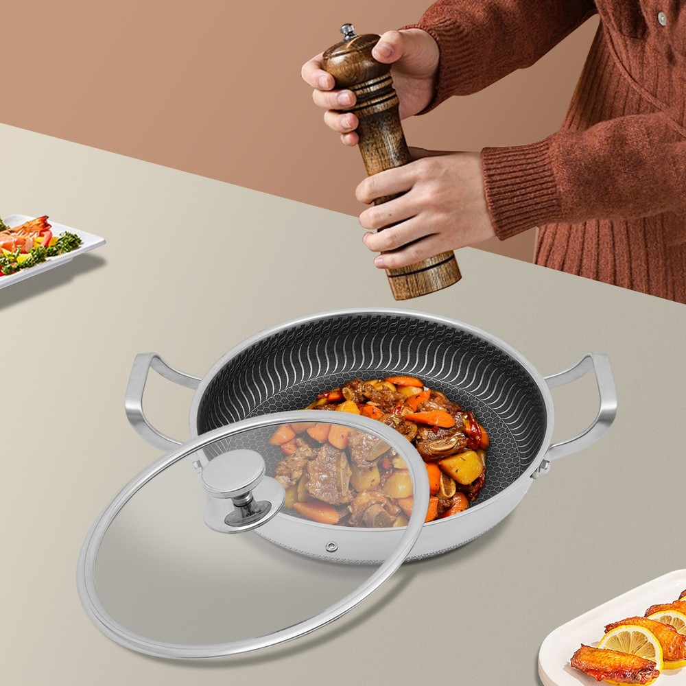 Frying Pan W/Lid Non Stick 316 Stainless Steel Skillets Induction Oven