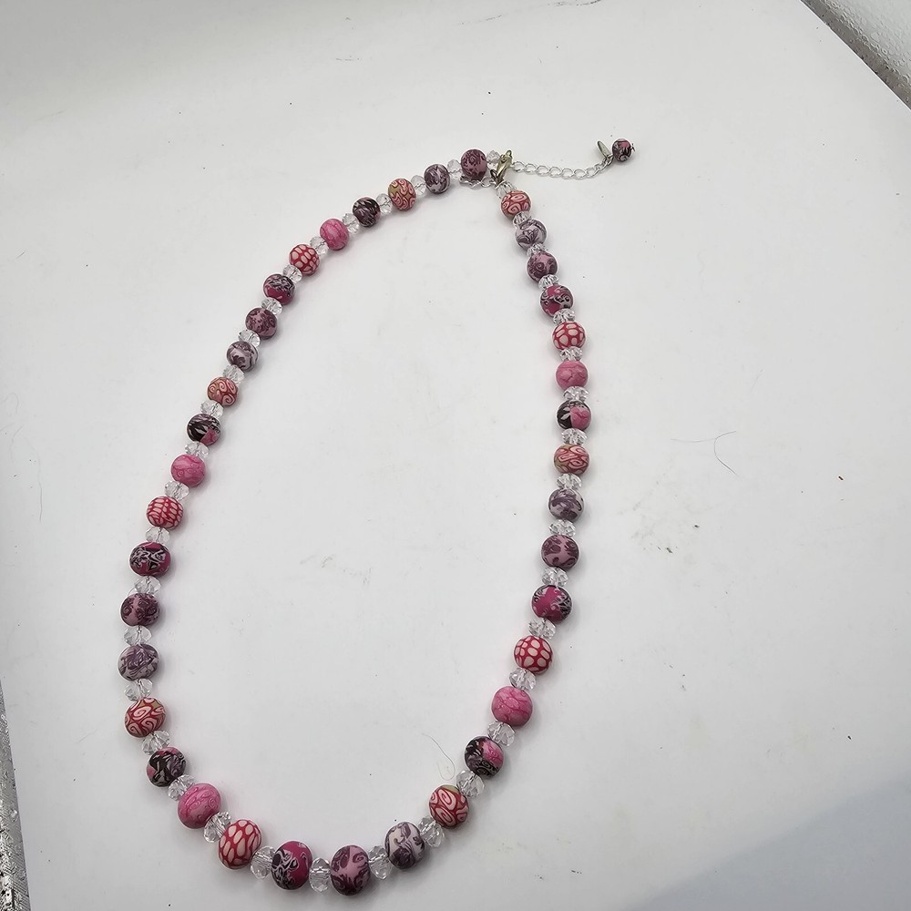 Pink and Clear Boho Polymer Clay Beaded Necklace by Viva Beads