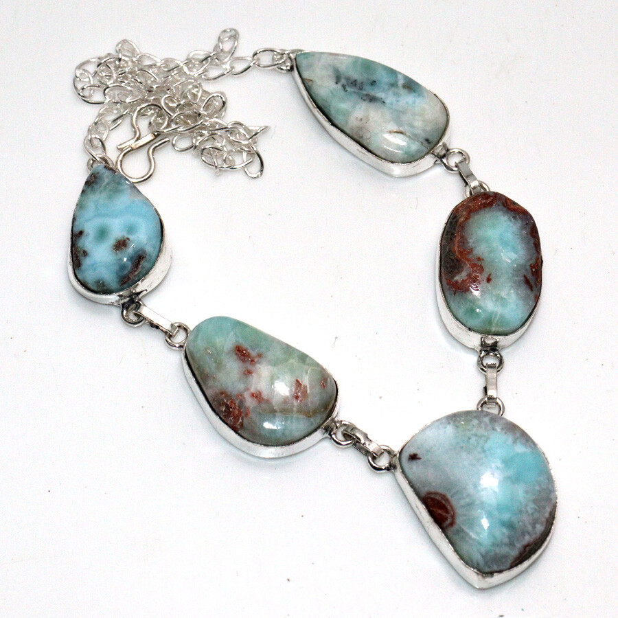 925 Silver Plated Larimar Ethnic Necklace Handmade Jewelry Size 16