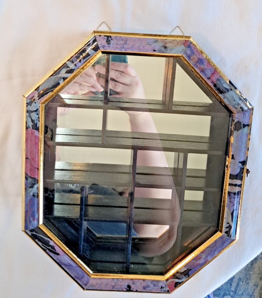 Vintage Octagonal Mirrored Shadow Box Glass Display Case Floral Wood Frame 11