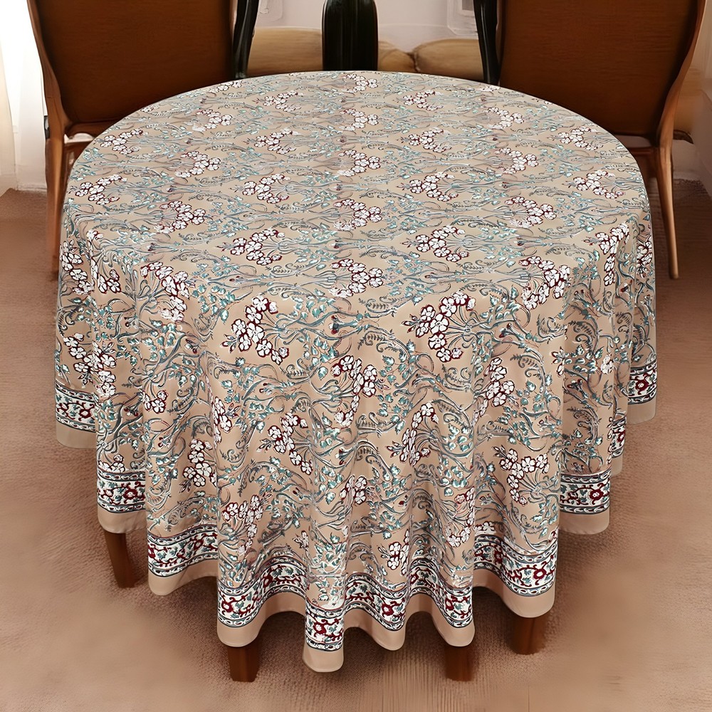 Handblock Printed Round Cotton Tablecloth For Dinning, Home Decor Table Linens