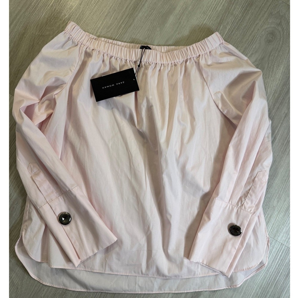 Zara Woman Pink Off The Shoulder Poplin Blouse Wide Button Cuff Medium NWT