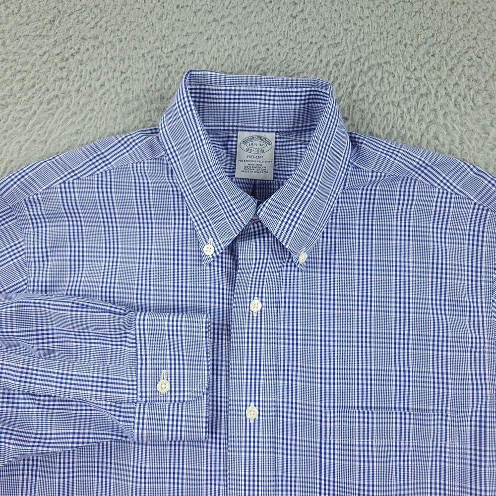 Brooks Brothers Shirt Mens 14.5-32 Blue Check Regent Non Iron Supima Cotton