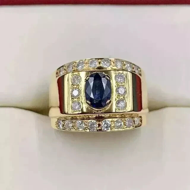 3 Ct Oval Lab Sapphire Men's Engagement Ring 14K Yellow Gold