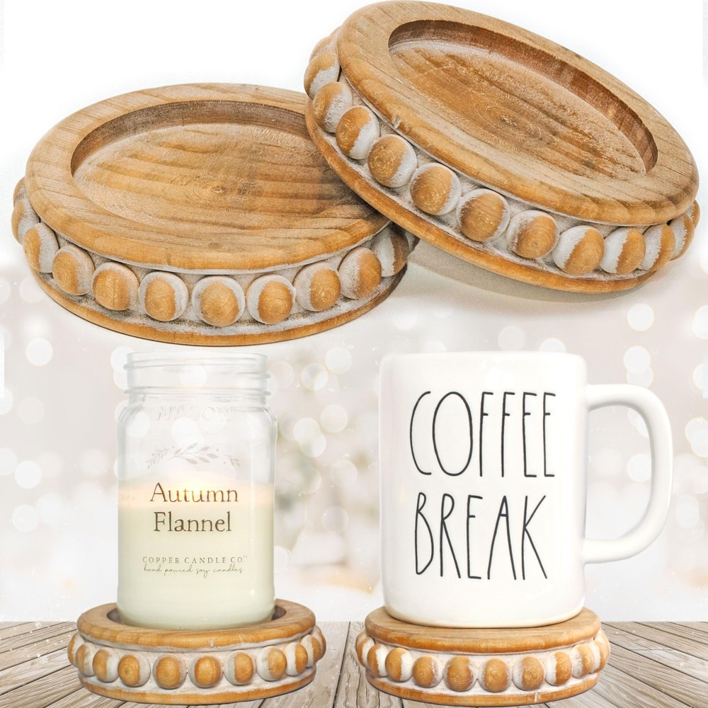 Rustic Wood Beaded Candle Pedestal Set of 2 Round 2-Sided Risers