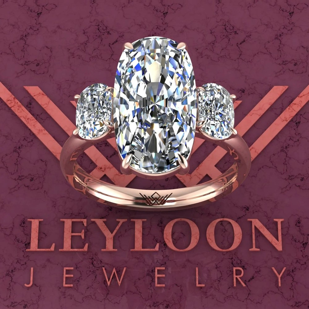 8.4 CTW D Color 10K Gold Three-Stone Cushion Moissanite Ring