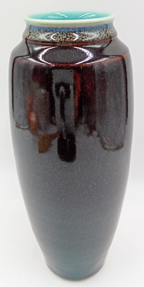 Black Brown Vase Turquoise Blue Floral Round Glossy Smooth Finish Signed Bottom