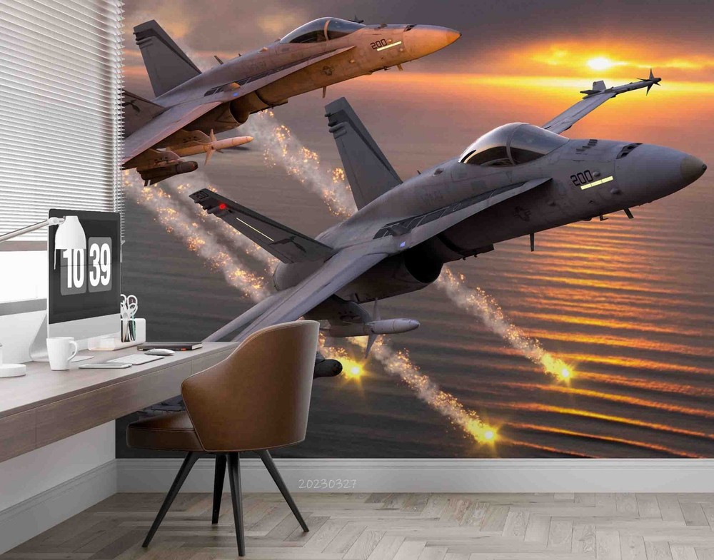 3D Fighter Jet Ocean Sunset Landscape Wall Murals Wallpaper Murals Wall Sticker