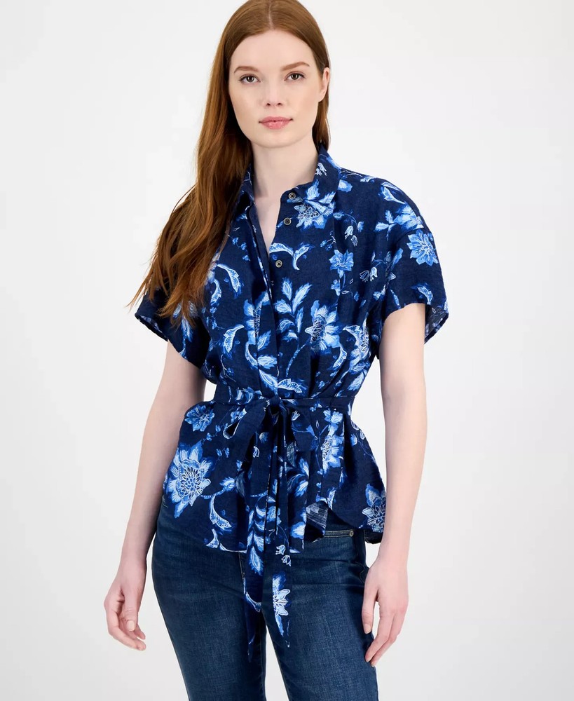 Tommy Hilfiger Women's Top Sz M Floral-Print Belted Blouse